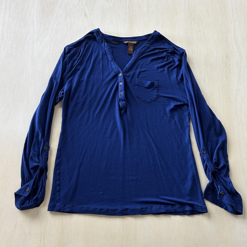 Bit & Bridle Shirt Womens Large Blue Henley Long Sleeve Roll Tab Casual Top